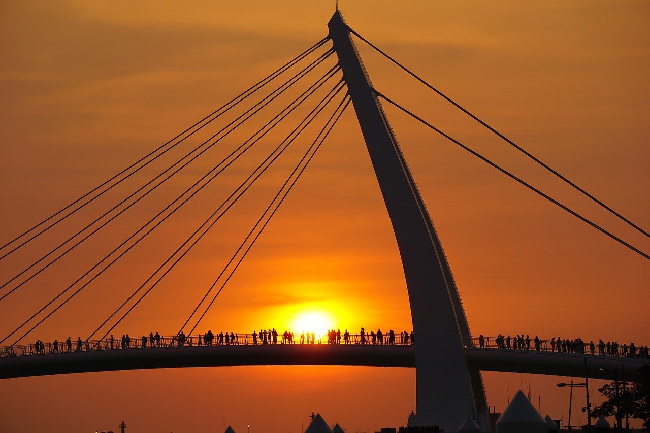 bridge, sunset, city