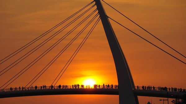 bridge, sunset, city